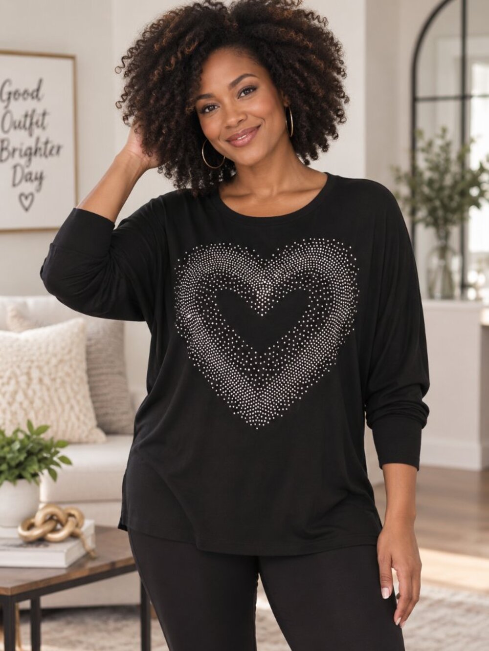 Venus Black Rhinestone Lightweight Heart Sweater - XL